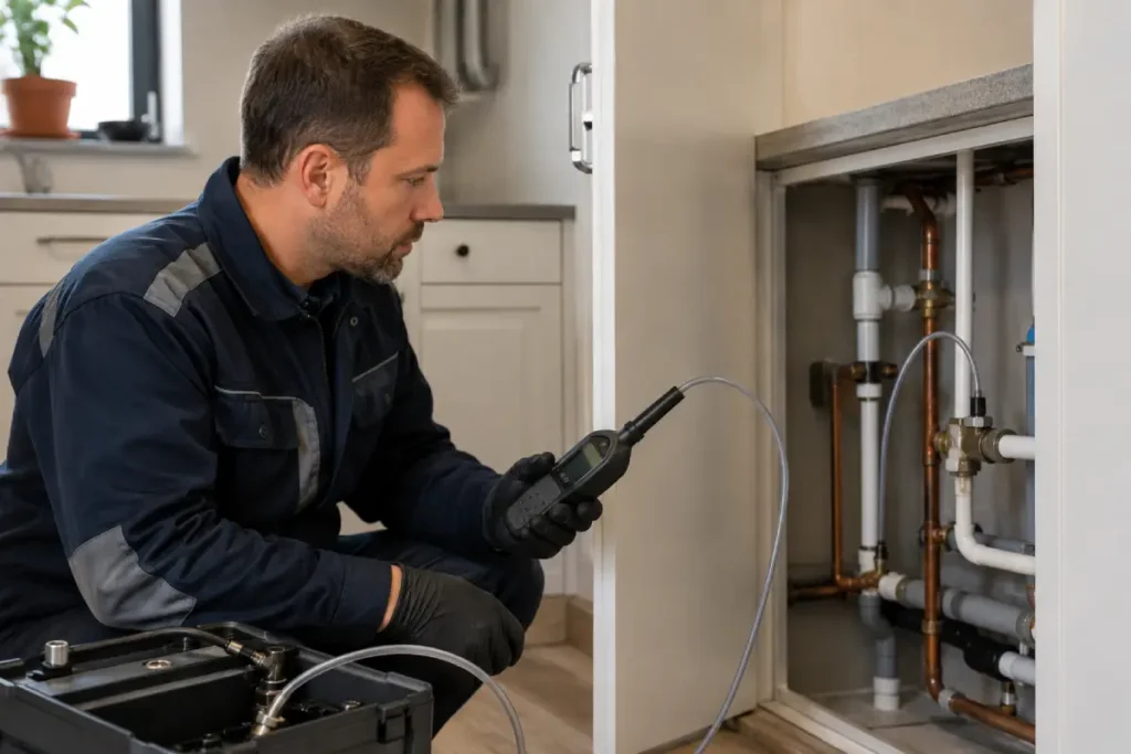 Técnico detectando una fuga de agua con gas trazador en una vivienda