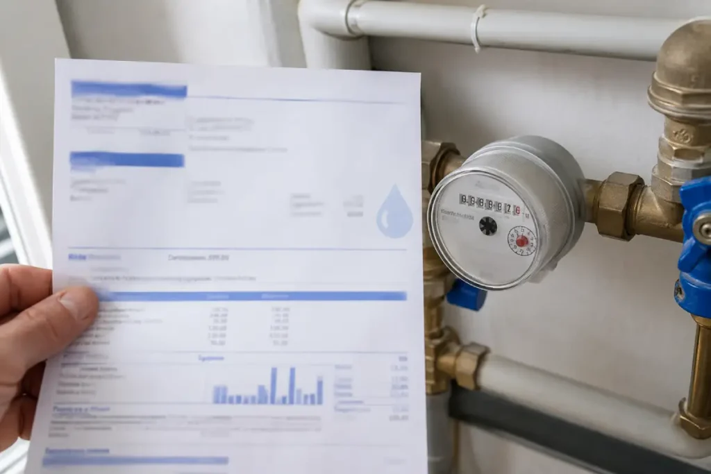 Factura de agua alta junto a un contador doméstico por posible fuga oculta